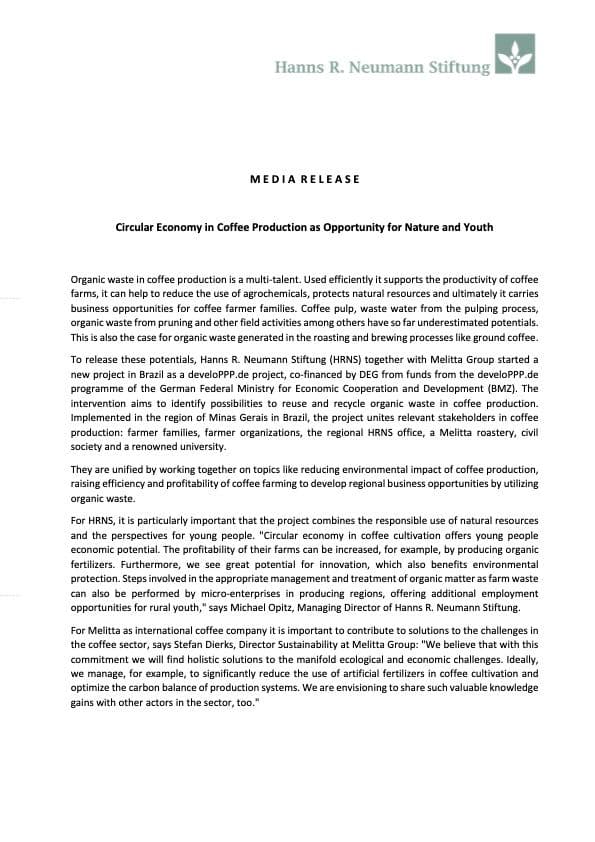 Circular Economy in Coffee Production as Opportunity for Nature and Youth Press Release Circular Economy in Coffee Production as Opportunity for Nature and Youth