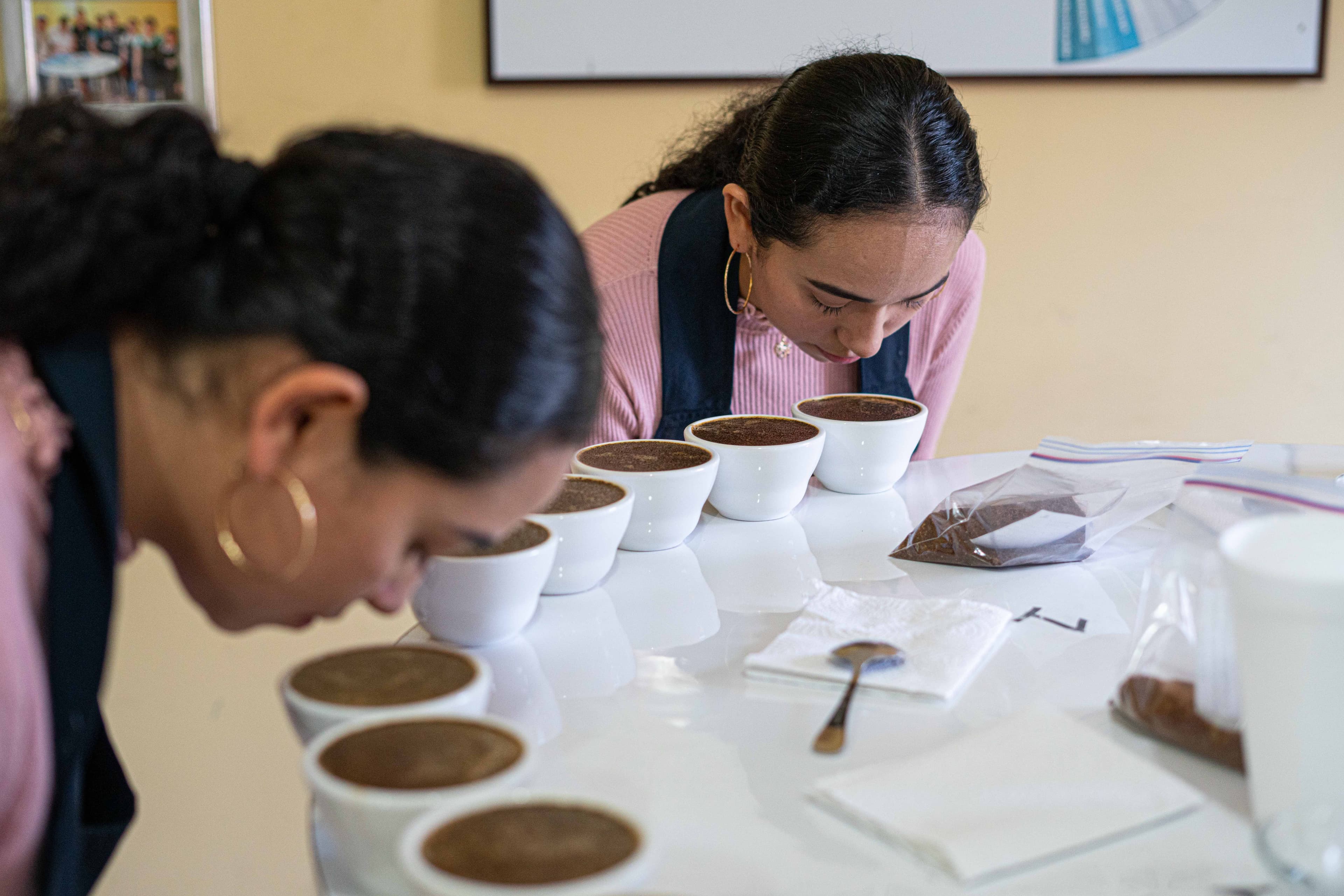 Learning barista skills is part of Coffee Kids Young girls during cupping