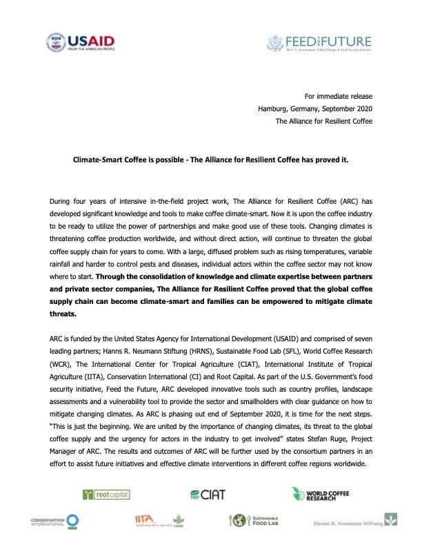 Climate-Smart Coffee is possible - The Alliance for Resilient Coffee has proved it. Screenshot Press Release ARC (english)