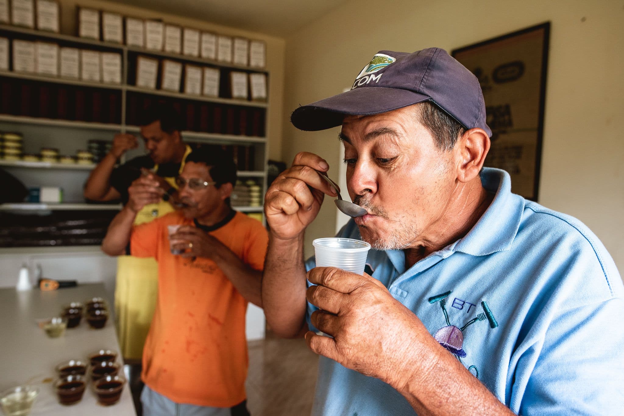 Cupping coffee from Brazil Coffee from Brazil being cupped in a cooperative